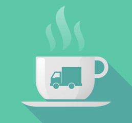 Long shadow cup of coffee with  a  delivery truck
