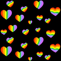 Vector pattern with many colorful rainbow emblems of hearts on space black background.