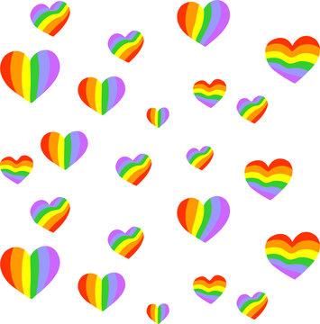 Vector pattern with many colorful rainbow emblems of hearts on space white background.