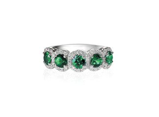 green emerald and diamond wedding band ring isolated on white