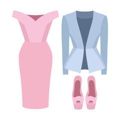 Set of trendy women's clothes. Outfit of woman dress, jacket and accessories. Women's wardrobe. Vector illustration