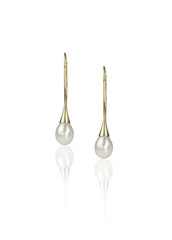Gold drop pearl earrings modern styling isolated on white