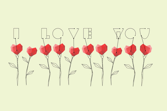 Abstract flowers with red polygonal and vintage hearts with text I Love You on the isolated dark background