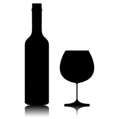 Black bottle and glass with shadow