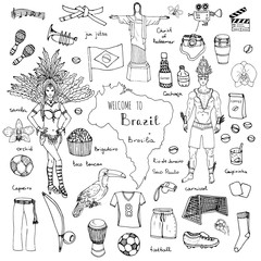 Hand drawn doodle Welcome to Brazil set Vector illustration Sketchy Brazilian traditional icons Cartoon Brazil typical elements collection Landmark Football ball cleats goal Capoeira Samba Orchid