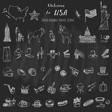 Hand drawn doodle USA set Vector illustration Sketchy american icons United States of America elements Flag Statue of Liberty Eagle Fast food Corn Skyscraper Deer Bison Cowboy hat boot Native American