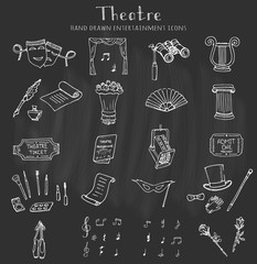 Hand drawn doodle Theatre set Vector illustration Sketchy theater icons  Theatre acting performance elements Ticket Masks Lyra Flowers Curtain stage Musical notes Pointe shoes Make-up artist tools