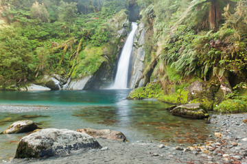 A view of the waterfall in Milford track, New Zealand,Fiordoland