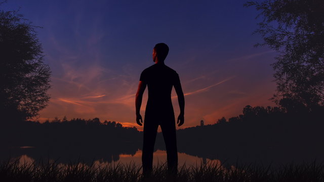 4 in 1 video!The man stand against the sunset clouds near the forest and lake. Time lapse. Wide angle