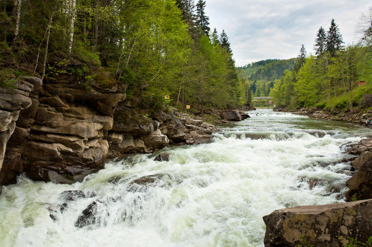 Prut River and waterfall Probiy in Carpathians, Ukraine