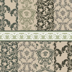 Vintage Royal Damask ornament pattern set green colors. Vector