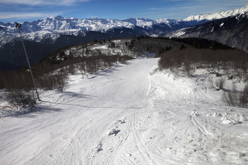 Top view on ski slope in nice sun day