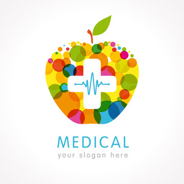Medical company colored apple plus logo. Medical pharmacy white cross on the colorful apple logo design template