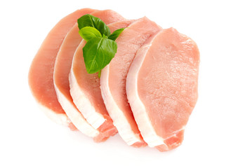 raw pork pieces isolated on white background