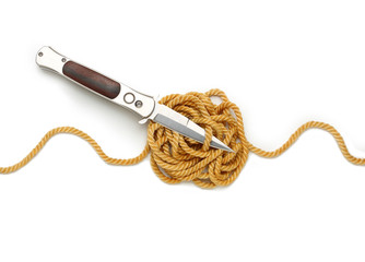 Gordian knot with knife. Problem solving concept. Object on white background.