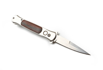 Automatic spring locking folding knife from stainless steel. Retro style weapon isolated on white background. Very popular knife for gangsters.