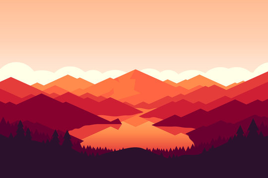 Vector mountain and forrest landscape on the sunset.