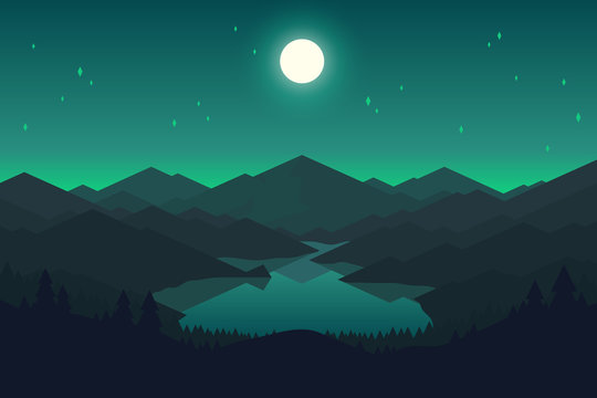Vector mountain and forrest landscape in the night.