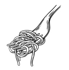 Spaghetti on fork. Vector vintage black illustration isolated on white background.
