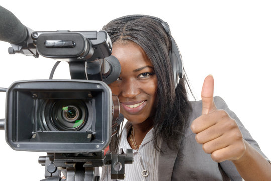 young African American woman with professional video camera