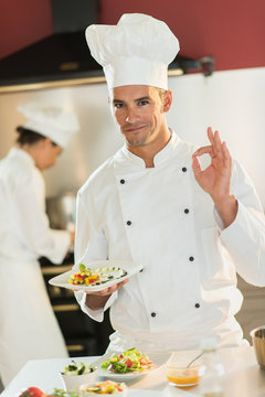 Portrait of a man chef presenting a plate of fine food.