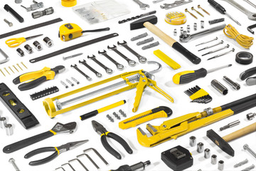 Set of different tools over white background.
