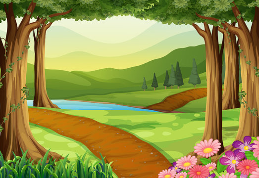 Nature scene with river and forest
