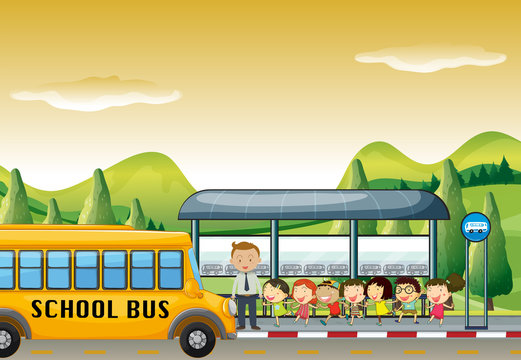 Children getting on school bus at bus stop