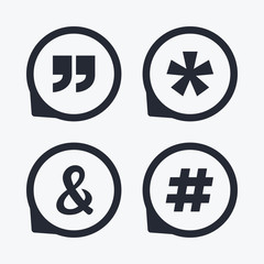 Quote, asterisk footnote icons. Hashtag symbol.