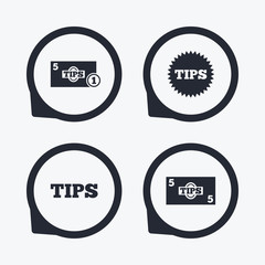 Tips icons. Cash with coin money symbol.