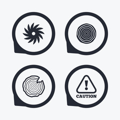 Wood and saw circular wheel icons. Attention.