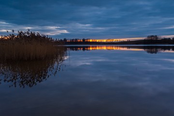 Beautiful lake landscape after sunset
