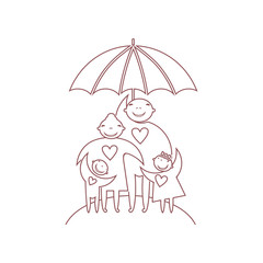 Family with children under umbrella. Line vector illustration