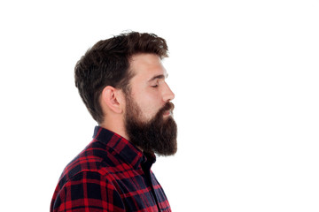 Handsome man with long beard wearing checkered shirt