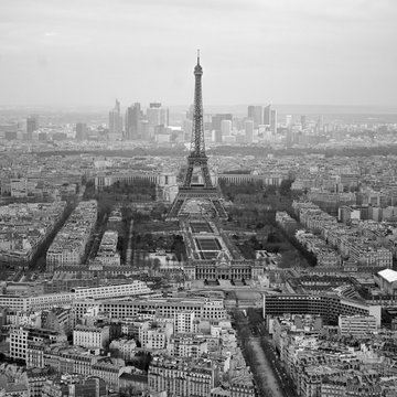 Black and white photo of aerial view Paris, France