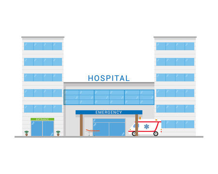 Cute cartoon vector illustration of a hospital with ambulance