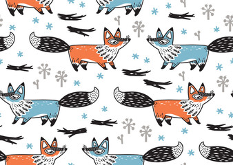 Cute seamless pattern with fox. vector illustration