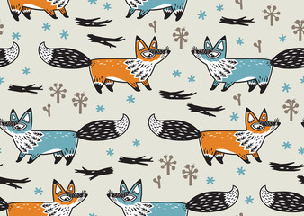 Cute seamless pattern with fox. vector illustration