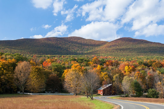 Fall foliage in upstate New York, Hudson Valley. Winding country road through the Catskill mountains.