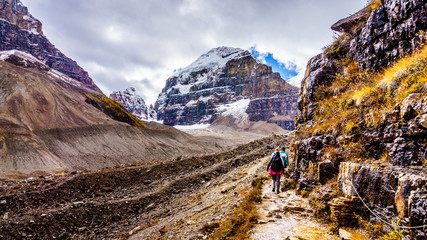 Hiking to the Plain of Six Glaciers with a view of The Mitre and Mount Lefroy in Banff National...