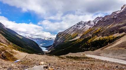 View of Lake Louise from the hiking trail to the Plain of Six Glaciers in Banff National Park in the Rocky Mountains