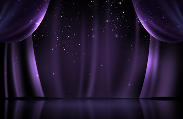 Violet curtain on stage with glittering stars