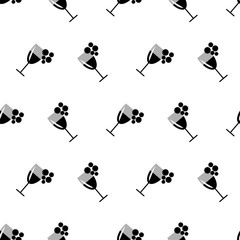 Seamless vector black and white pattern with wineglasses with  wine and bunches of grape on the white background. Series of Food and Drink Seamless Patterns.