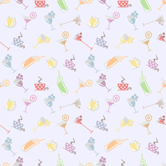 Seamless vector pattern with cocktail with glasses with wine, beer, juice and fruits on the light background. Series of Food and Drink Seamless Patterns.