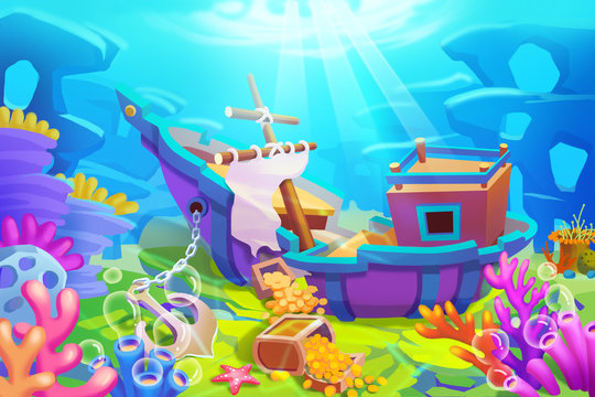 Creative Illustration and Innovative Art: Under the Sea, Finding Treasures from Shipwrecks. Realistic Fantastic Cartoon Style Artwork Scene, Wallpaper, Story Background, Card Design
