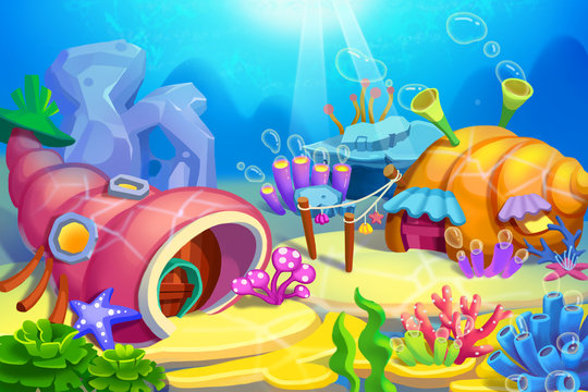 Creative Illustration and Innovative Art: Underwater Houses. Realistic Fantastic Cartoon Style Artwork Scene, Wallpaper, Story Background, Card Design
