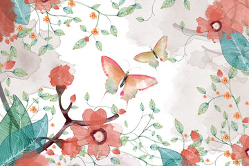 Kreatywna ilustracja i innowacyjna sztuka: motyl, kwiat i liście. Realistyczna fantastyczna scena w stylu kreskówki, tapeta, tło opowieści, projekt karty