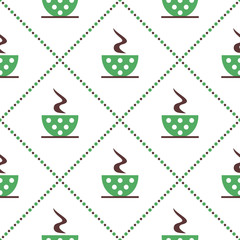 Seamless vector pattern with closeup green coffee cups with dots and grains on the white background. Series of Food and Drink Seamless Patterns.