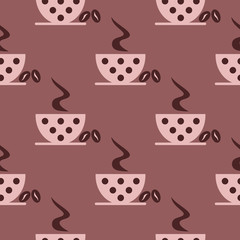 Seamless vector pattern with closeup pink coffee cups with dots and grains on the brown background. Series of Food and Drink Seamless Patterns.
