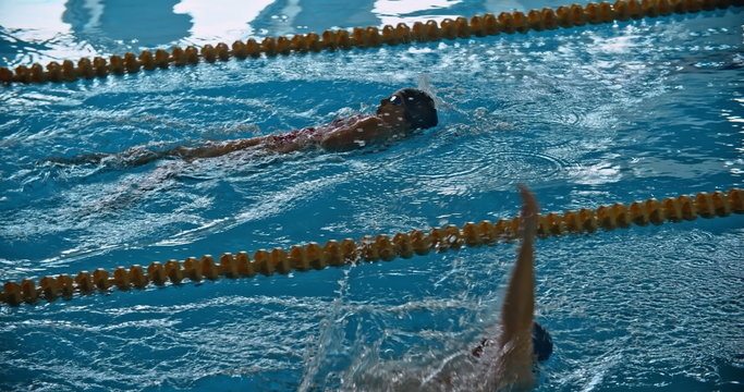 Sportsman and sportswoman swimming backstroke in the pool